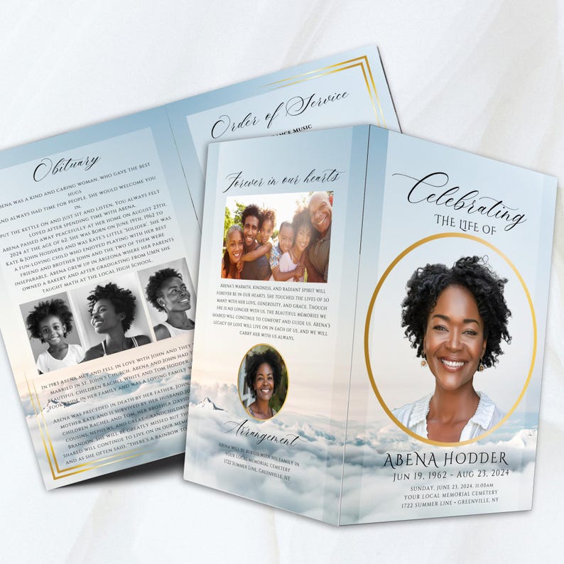 Funeral Program 4 Pages, Obituary, Light Blue Cloud Memorial Program