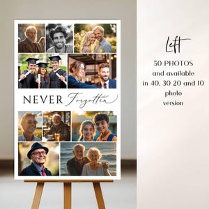 May include: A rectangular photo collage poster featuring the text NEVER Forgotten. The collage displays various portraits of individuals and groups in outdoor and indoor settings. To the right, text reads Left 50 PHOTOS and available in 40, 30 20 and 10 photo version.