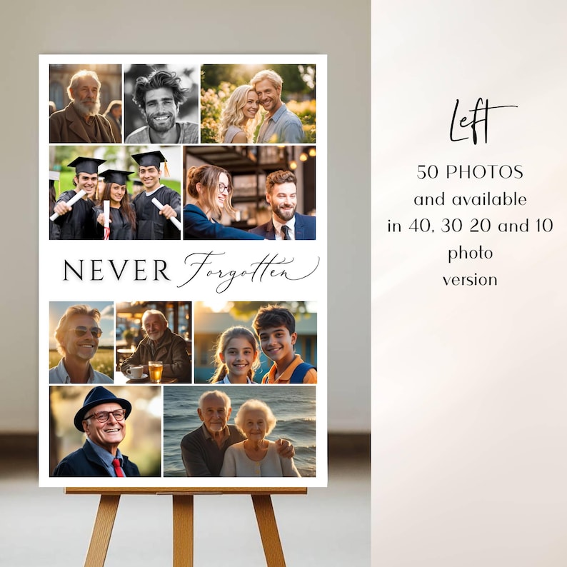 May include: A rectangular photo collage poster featuring the text NEVER Forgotten. The collage displays various portraits of individuals and groups in outdoor and indoor settings. To the right, text reads Left 50 PHOTOS and available in 40, 30 20 and 10 photo version.