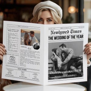 May include: A newspaper-style wedding announcement titled "Newlywed Times THE WEDDING OF THE YEAR." The announcement includes photos of the couple, facts about the bride and groom, and guest awards. The names "Olivia and Andrew" are featured.
