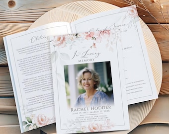 May include: A memorial service program with a photo of Rachel Hodder, framed by floral accents. The program includes the obituary, service details, and a photo. The design features soft colors and elegant typography, suitable for a funeral or memorial.