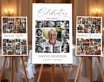 Funeral Photo Collage Sign Set Templates, Celebration of Life Welcome Sign Template, Memorial Poster, #ROU
