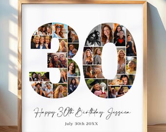 30歳の誕生日フォトコラージュ、30歳の誕生日プレゼント、誕生日の数字30を印刷可能、30歳の誕生日フォトコラージュテンプレート、編集可能な30歳の誕生日、Canva