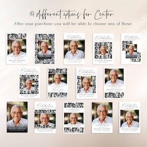 May include: A collection of 14 funeral program templates featuring the text 14 different options for Center and After your purchase you will be able to choose any of these. Each template displays a portrait of a man and the text Celebrating the life of Michael Hodder with dates.