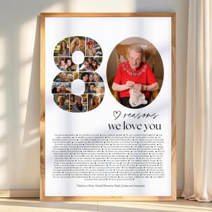 80e verjaardag fotocollage bordsjabloon, 80 redenen waarom we van je houden cadeau (digitale download)