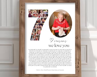 Poster con 70 motivi per cui ti amiamo, con immagini, modello stampabile per il 70° compleanno di nonna o nonno, decorazione personalizzata per il 70° compleanno.