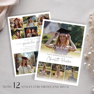 May include: Two graduation announcements with photos of a graduate. One features a collage of photos and text that reads "Please join us for a graduation party." The other says "graduate" and includes the graduate's name and school.