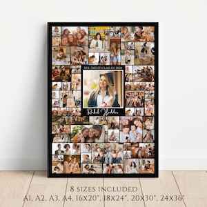 May include: A black framed collage of photos featuring a graduate in a cap and gown, surrounded by family and friends. The text "You Did It! Class of 2024" and the graduate's name "Rubel Hodder" are included. The collage is available in 8 sizes: A1, A2, A3, A4, 16x20 inches, 18x24 inches, 20x30 inches, and 24x36 inches.