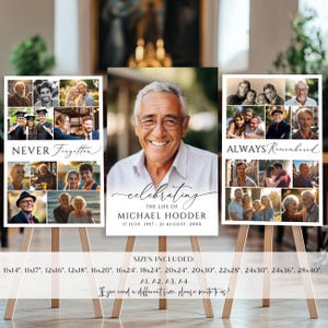 May include: Three vertical memorial posters on wooden easels. The left poster says NEVER FORGOTTEN with photo collages. The center poster features a large portrait of a man with the text CELEBRATING THE LIFE OF MICHAEL HODDER. The right poster says ALWAYS REMEMBERED.