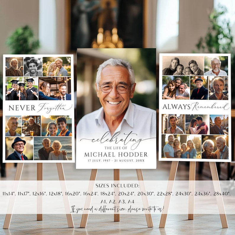 May include: Three vertical memorial posters on wooden easels. The left poster says NEVER FORGOTTEN with photo collages. The center poster features a large portrait of a man with the text CELEBRATING THE LIFE OF MICHAEL HODDER. The right poster says ALWAYS REMEMBERED.