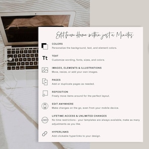 May include: A digital template information card with the heading Edit from Home within just a Minutes. It lists features including colors, text, images, elements, illustrations, pages, repositioning, edit anywhere, lifetime access, and hyperlinks.
