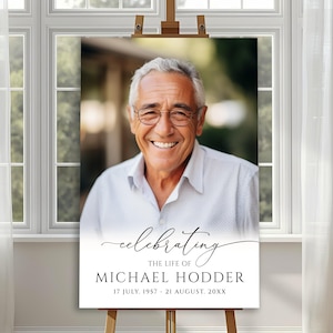 May include: A vertical memorial sign featuring a portrait of an older man with grey hair and glasses wearing a white collared shirt. The text reads: celebrating THE LIFE OF MICHAEL HODDER 17 JULY, 1957 - 21 AUGUST, 20XX. The sign is on an easel.