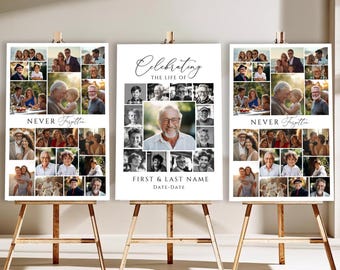 Set di modelli per poster con collage di foto funebri, cartello di benvenuto per il funerale, celebrazione della vita, in ricordo di una persona cara, pannello commemorativo di grandi dimensioni