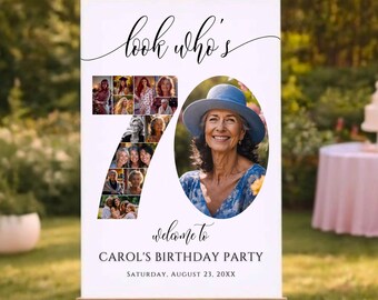 70. Geburtstag Foto Collage Vorlage Canva, bearbeitbares Willkommensschild Poster, 70 Jahre Geburtstag Fotoanzeige, druckbares Partyschild
