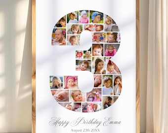 3rd Birthday Photo Collage Template, Editable Number 3 Canva Poster, Printable Milestone Welcome Sign, Digital Download