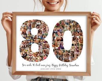 80th Birthday Photo Collage Template, Personalized 80th Birthday Gift for Grandpa or Grandma, Dad Gift, Birthday Gift, Number Collage, Canva