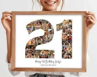 Collage de fotos para cumpleaños número 21, collage de fotos personalizado para cumpleaños número 21, regalo familiar, collage de números, regalos para él, regalos para ella, collage de 21