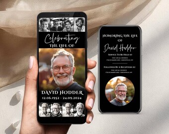 May include: Two smartphones displaying memorial graphics. One phone shows a photo collage and the text "Celebrating the Life of David Hodder 12.06.1952 - 24.09.2024." The other phone displays "Honoring the Life of David Hodder" with service details.