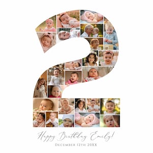 Könnte beinhalten: Eine Fotocollage in Form der Zahl zwei, die verschiedene Porträts eines jungen Kindes in unterschiedlichem Alter zeigt. Unter der Collage steht der Text Happy Birthday Emily! und DECEMBER 12TH 20XX in schwarzer Schreib- und Groteskschrift.