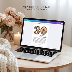 May include: A laptop displays a digital template with the text "30 reasons we love you." The number 30 is composed of multiple photos. The screen also shows the text "EASILY EDIT THE TEMPLATE ONLINE WITH CANVA."