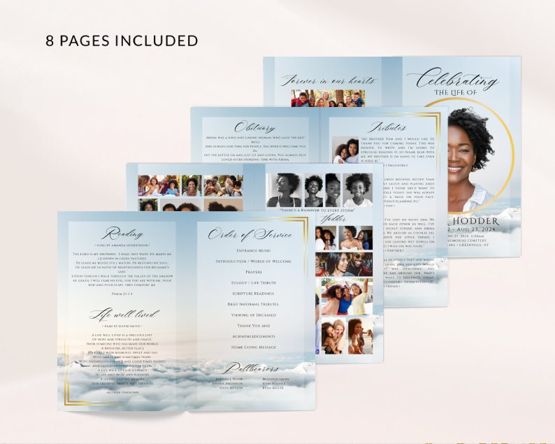 Memorial Program 8 Pages, Obituary, Light Blue Cloud Funeral Program