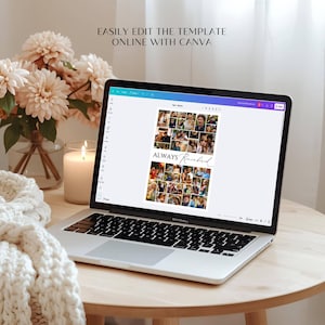 May include: A silver laptop displaying a digital photo collage template on a screen with the text "ALWAYS Remembered" and "EASILY EDIT THE TEMPLATE ONLINE WITH CANVA" visible above the screen, featuring a grid of various family photographs.