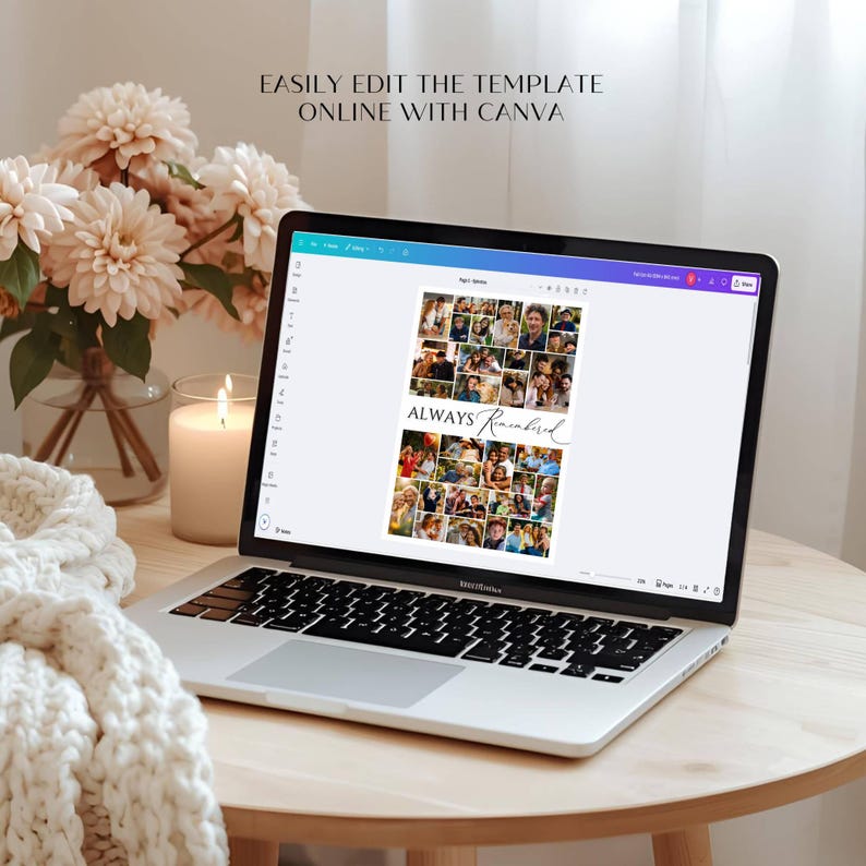 May include: A silver laptop displaying a digital photo collage template on a screen with the text "ALWAYS Remembered" and "EASILY EDIT THE TEMPLATE ONLINE WITH CANVA" visible above the screen, featuring a grid of various family photographs.