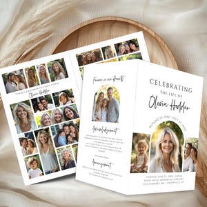 May include: A white memorial service booklet featuring a collage of photographs of a woman and her family. The booklet includes the text "Celebrating the Life of Olivia Hodder" and the dates "August 19, 1962 - July 21, 20xx".