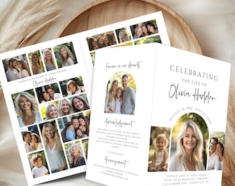 May include: A white memorial service program with a collage of photos of a woman and her family. The program includes the text "Celebrating the Life of Olivia Hodder" and the dates "August 19, 1962 - July 21, 20xx".