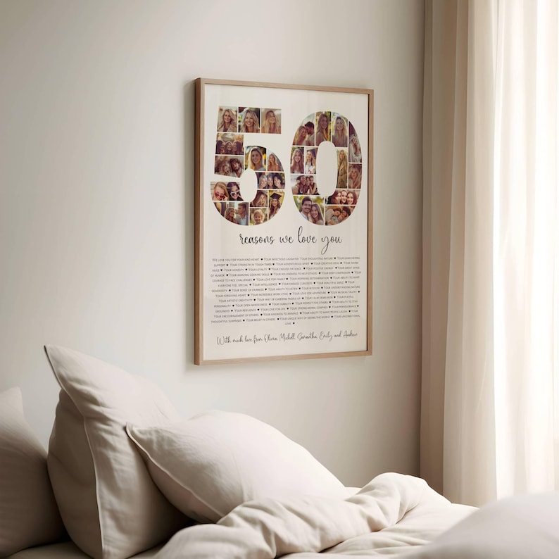 May include: A framed photo collage in the shape of the number 50, with the words "50 reasons we love you" and a list of reasons below. The collage is made up of many small photos of people.