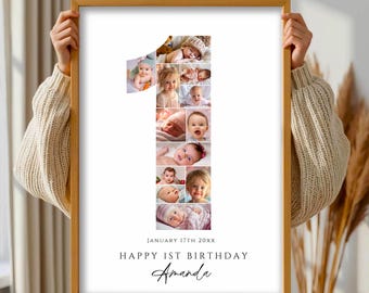 1歳のお誕生日おめでとうフォトコラージュテンプレート、1歳のお誕生日の数字フォトコラージュ、Canvaの1歳のお誕生日ポスター、女の子の赤ちゃんのための数字1コラージュ