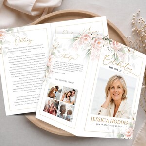 K&ouml;nnte beinhalten: Ein gefaltetes Trauerprogramm mit einem Portr&auml;t von Jessica Hodder, floralen Illustrationen in sanftem Rosa und Gr&uuml;n sowie goldenem Schrifttext. Das Dokument enth&auml;lt einen Nachruf, eine Danksagung und eine Collage aus vier Familienfotos.