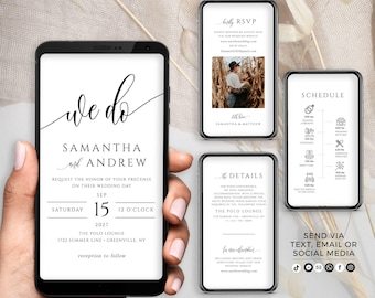 May include: A wedding invitation suite with a black and white design. The main invitation features the text "We do" in a script font, followed by the names Samantha and Andrew. The date and time of the wedding are listed as September 15, 2027 at 12 o'clock. The location is The Polo Lounge, 1722 Summer Line, Greenville, NY. The invitation also includes the text "reception to follow".