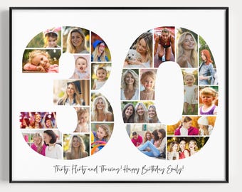 30th Birthday Photo Collage Template: Printable Number 30 Poster, Editable Canva Gift