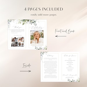 May include: A four-page funeral program template featuring green eucalyptus leaf illustrations. The front cover displays a photograph of a person, the text Celebrating the Life of Barbara Hodder, and dates. The inside includes an obituary and order of service.