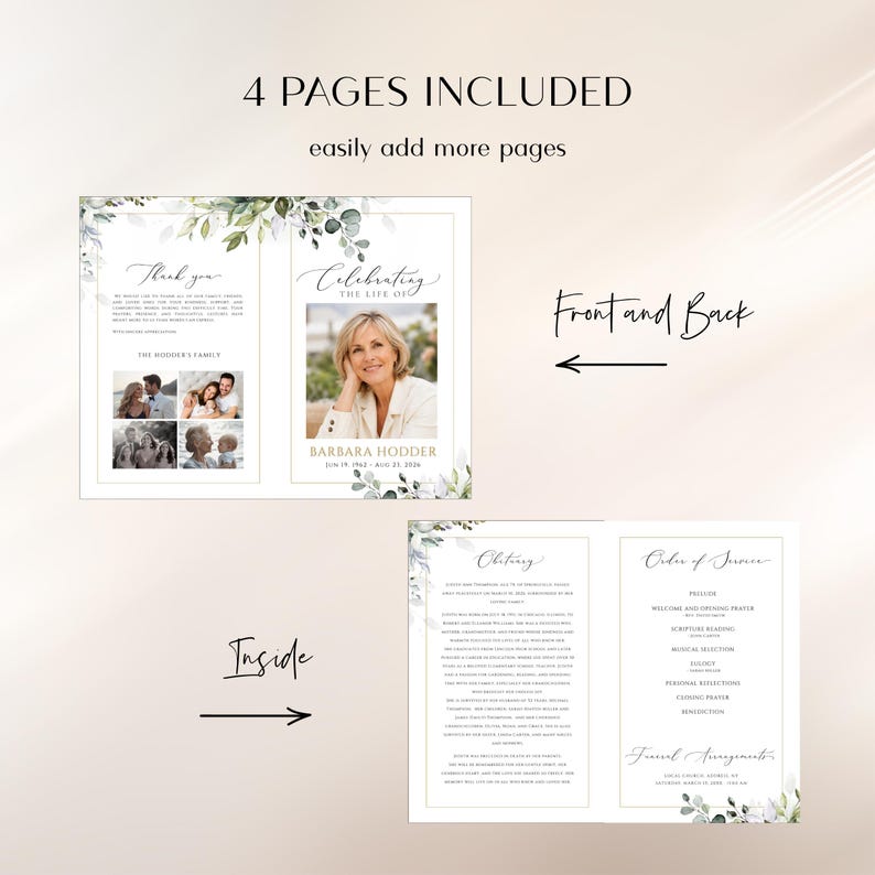 May include: A four-page funeral program template featuring green eucalyptus leaf illustrations. The front cover displays a photograph of a person, the text Celebrating the Life of Barbara Hodder, and dates. The inside includes an obituary and order of service.