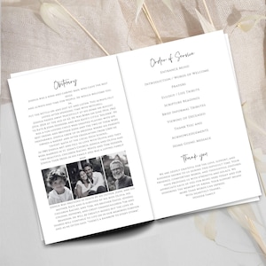 May include: A funeral program booklet featuring black text on white paper. The left page includes an obituary with three black-and-white photographs of a person. The right page lists the order of service and a thank you message from the Hodder family.