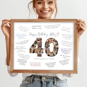 May include: A framed birthday collage featuring the number 40 filled with photos. The words "Happy Birthday Ashley" are written in cursive, with well wishes and the date "September 14th 20XX" below. The frame is a light brown color.