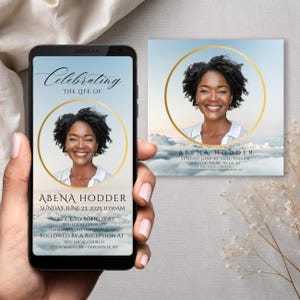 Może przedstawiać: Smartfon wyświetla ogłoszenie pamiątkowe z napisem "Celebrating the Life of Abena Hodder". Ogłoszenie zawiera zdjęcie Abeny, datę, godzinę i szczegóły lokalizacji. Widoczna jest również pasująca karta.