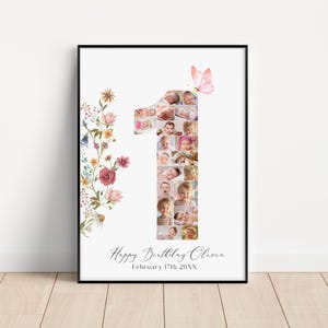 Colagem de fotos de aniversário número 1, presente de aniversário, placa de marco fotográfico do primeiro aniversário, modelo de pôster de foto de primeiro aniversário editável, Canva