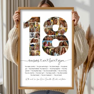 Könnte beinhalten: Ein gerahmter Fotocollagen-Druck in Form der Zahl 18, der mehrere Porträts einer Person zeigt. Unter der Collage steht der Text: reasons we love you, gefolgt von einer Liste positiver Sätze und dem Text: With much love from Olivia Samantha Rachel and Andrew.
