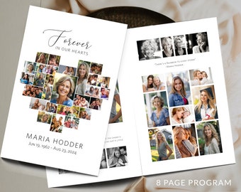 Heart Collage Funeral Program Template: Editable Memorial Service (8 Page Canva Template)