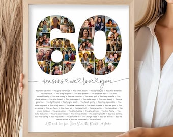Collage de fotos con 60 razones por las que te amamos, plantilla de póster de cumpleaños con imágenes, regalo para mamá, regalo de aniversario, regalo imprimible de 60 cumpleaños para él.