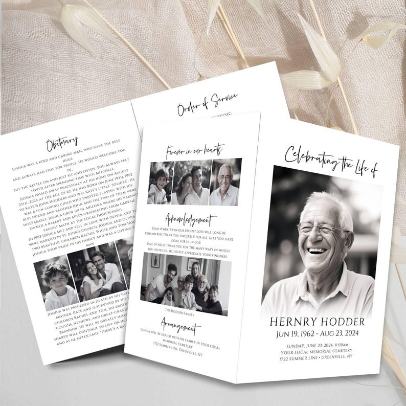Minimalist Funeral Program Template with Photo Collage, Celebration of Life Memorial Service Template, Obituary Template, Printable, #MCM image 7