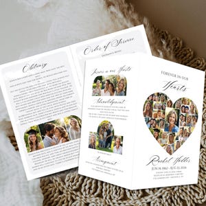 Heart Photo Collage Funeral Program, Editable Memorial Service Program Template, Instant Download, Canva