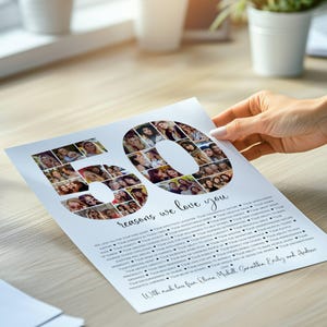 May include: A white poster with a collage of photos forming the number 50. The poster has a black text overlay that reads "50 reasons we love you" and lists reasons in a column below the number. The text at the bottom of the poster reads "With much love from Olivia, Michell, Samantha, Emily, and Andrew."