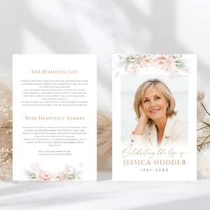 May include: A funeral program card featuring a portrait of a woman, floral illustrations in soft pink and green, and gold text. The front displays the name Jessica Hodder, dates 1963-20XX, and the back includes a tribute and thank you message.