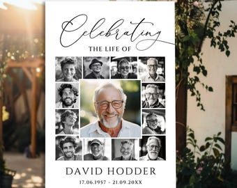 Funeral Photo Collage Template | 13 Photo Memorial Welcome Sign | Celebration of Life Poster, Editable Canva, #ROU