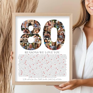May include: A framed print with the number 80 composed of numerous photos. Below the number, the text reads "REASONS WE LOVE YOU" followed by a list of reasons. The frame is light brown, and the print is held by a person.