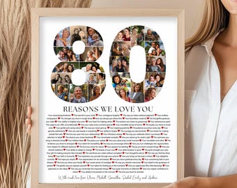 80 Reasons Why We Love You Photo Collage Template, Personalized 80th Birthday Gift for Grandma, Grandpa, Mom or Dad